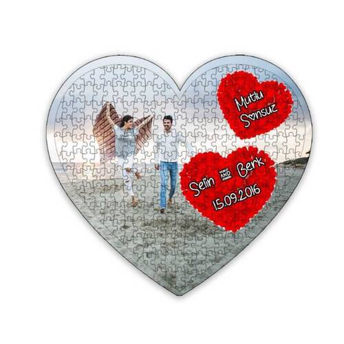Sevgiliye Hediye Fotoğraflı İsimli Tarihli Kalp Puzzle