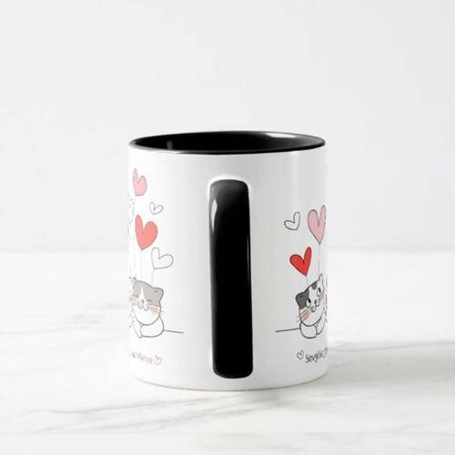 Sevgiliye Hediye İsme Özel Mesajlı Kalpli Kedili Siyah Kupa