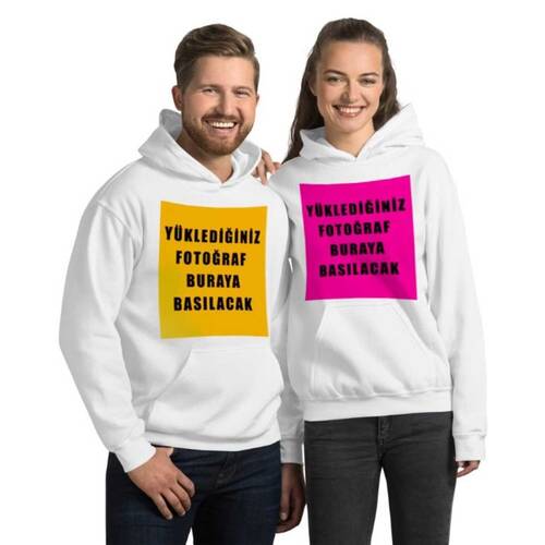 Kişiye Özel Cepli Kapşonlu Fotoğraf Baskılı Çift Sweatshirt