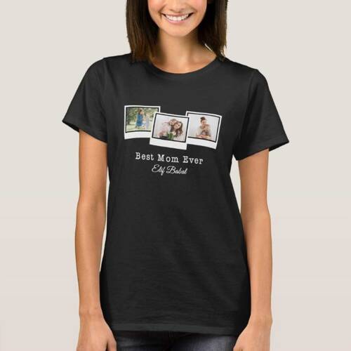 L Beden Kişiye Özel 3 Fotoğraflı En İyi Anne Siyah Tişört