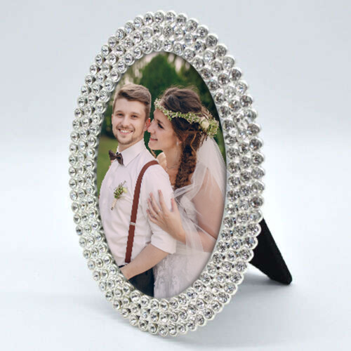 Kişiye Özel Fotoğraflı Swarovski Taşlı Oval Fotoğraf Çerçevesi - 10X15