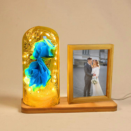 Led'li Ahşap Güllü Cam Fanus Çerçeve