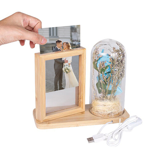 Led'li Ahşap Güllü Cam Fanus Çerçeve