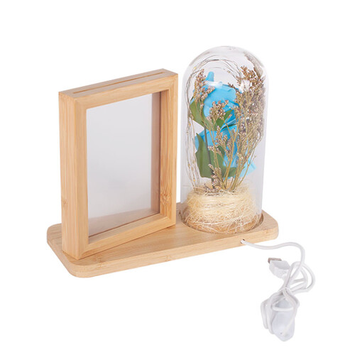 Led'li Ahşap Güllü Cam Fanus Çerçeve